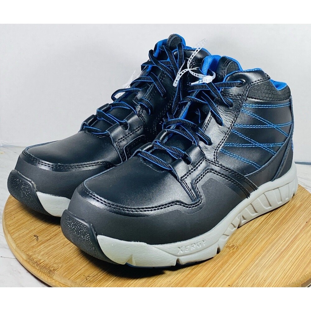 Hytest Annex Work Boots Mens Sz 9.5W Black Blue Leather Steel Toe Slip Resistant